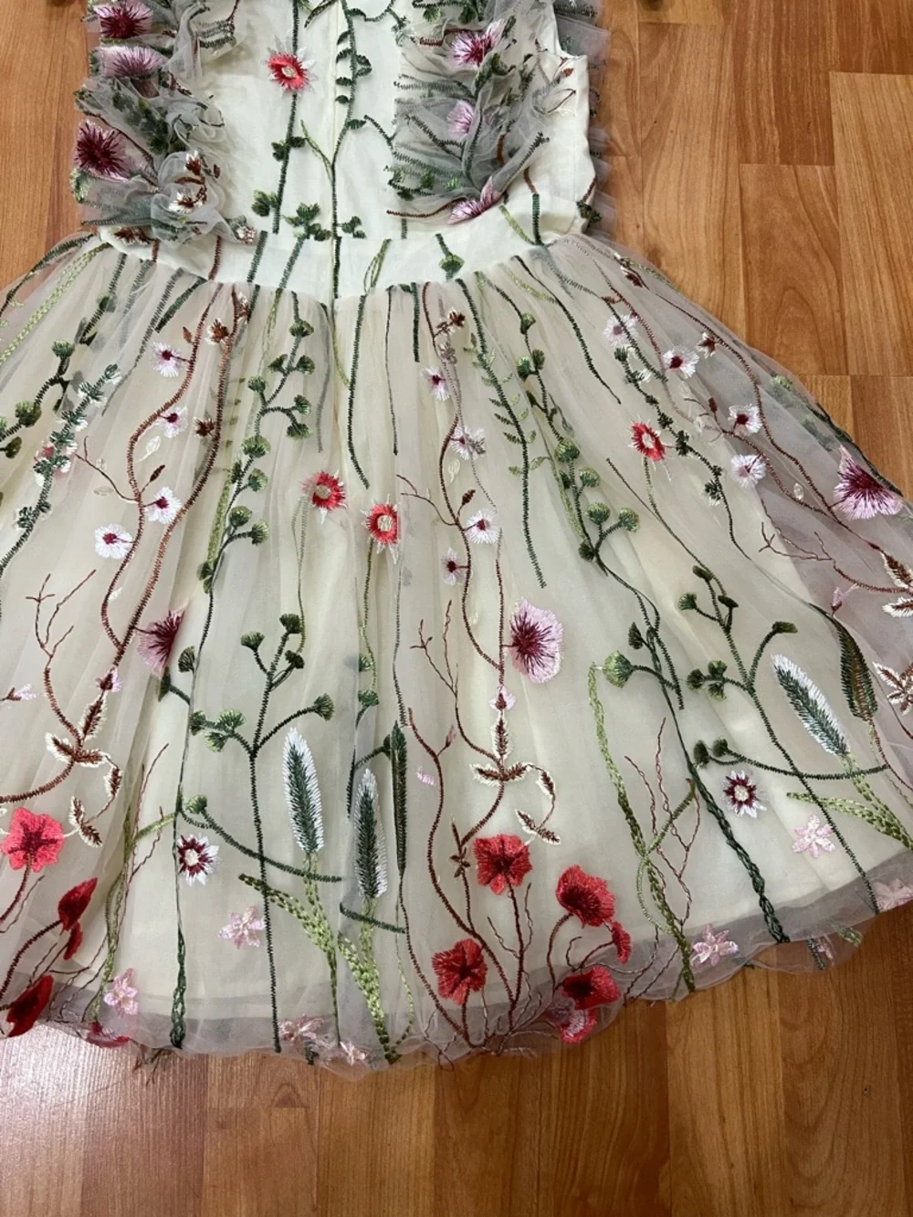 Girls Cream Floral Embroidered Tulle Dress - Picture 5 of 5